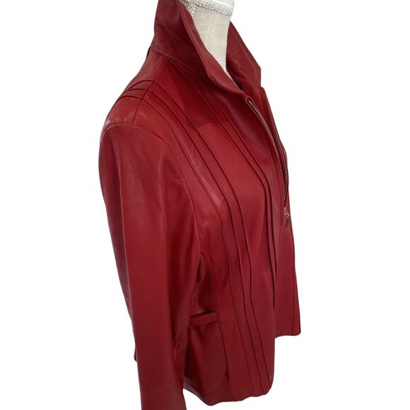 LNR Womens Red Leather Jacket With Zipper Front & High Collar XL - Picture 3 of 14